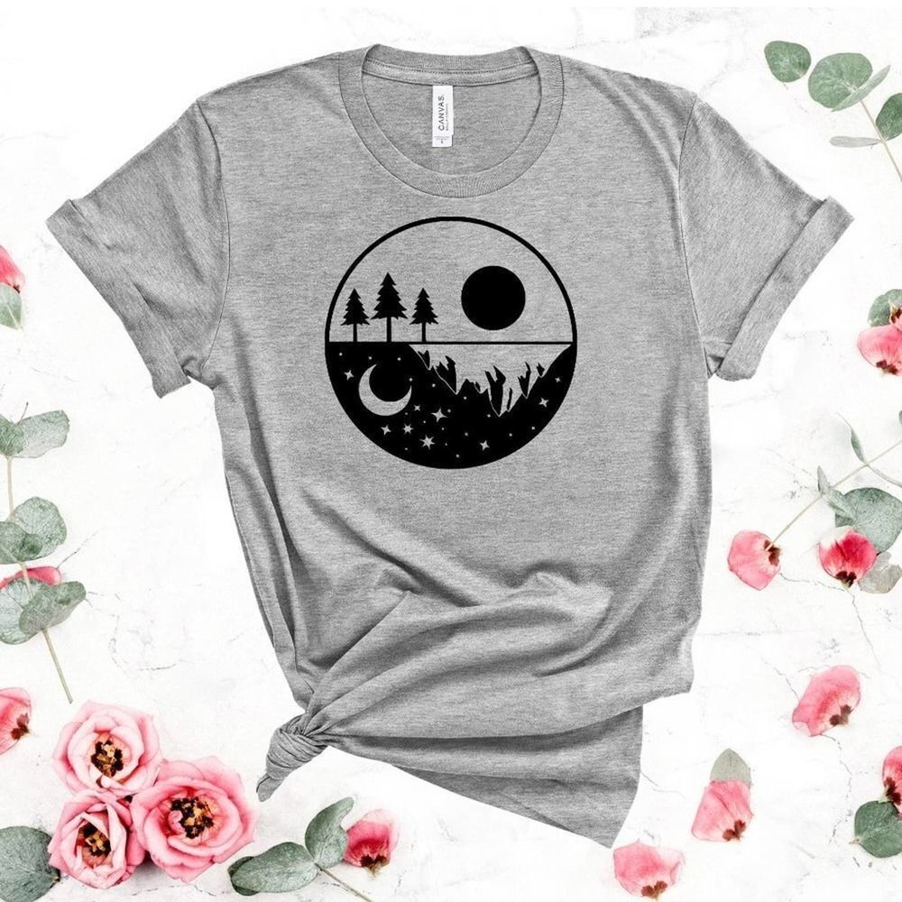 Camping Day & Night Sky Tee Shirt Heather & Black